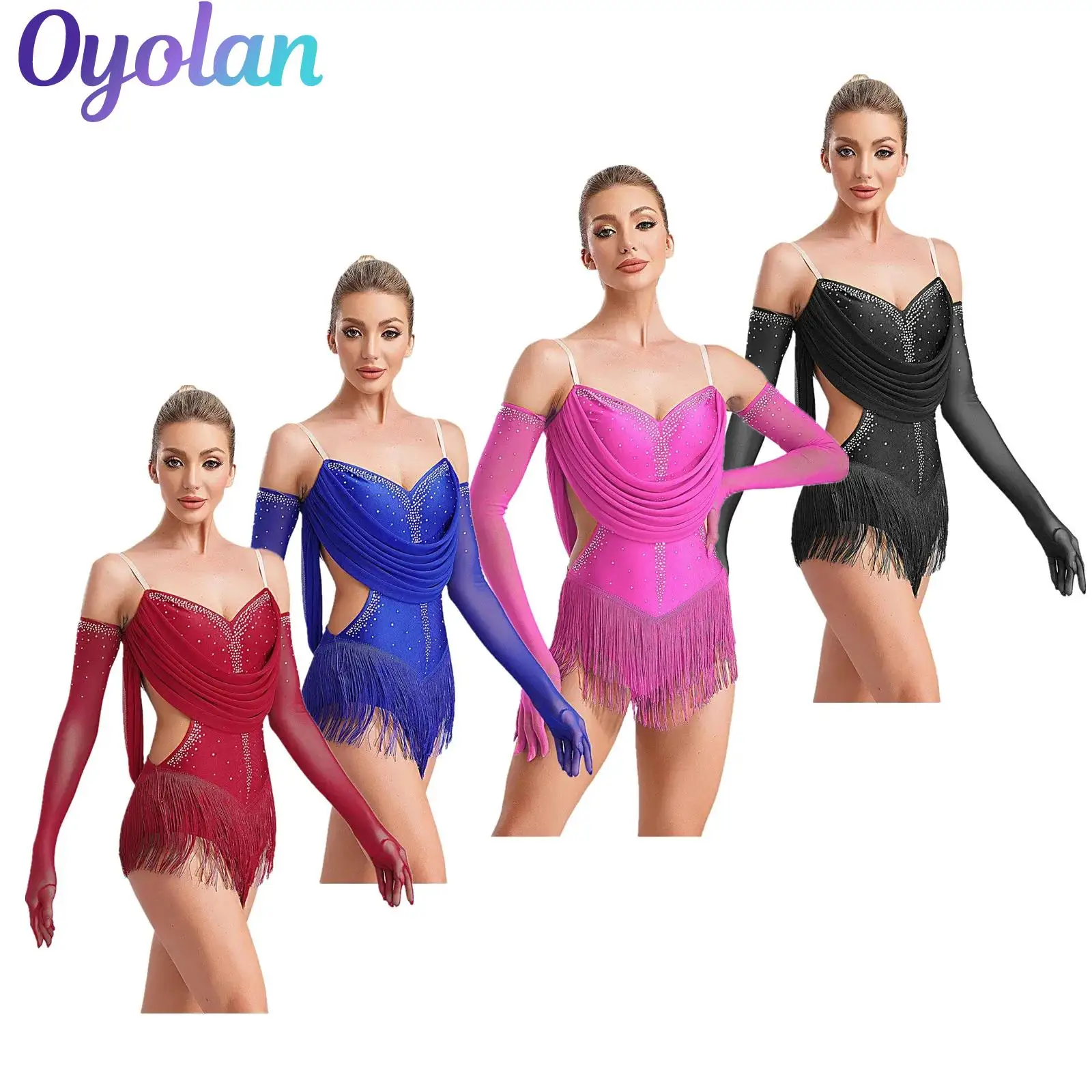 

Womens Gymnastics Figure Skating Costume Tassel Latin Tango Dancewear Glittery Rhinestone Fringed Leotard Bodysuit with Gloves