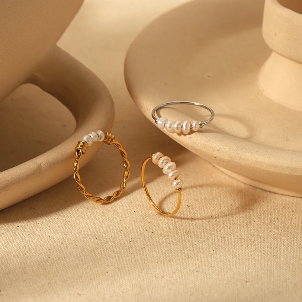 Dainty 18K Gold Plated Stainless Steel Rings Freshwater Pearl Stackable Finger Rings for Women Waterproof Jewelry Gift