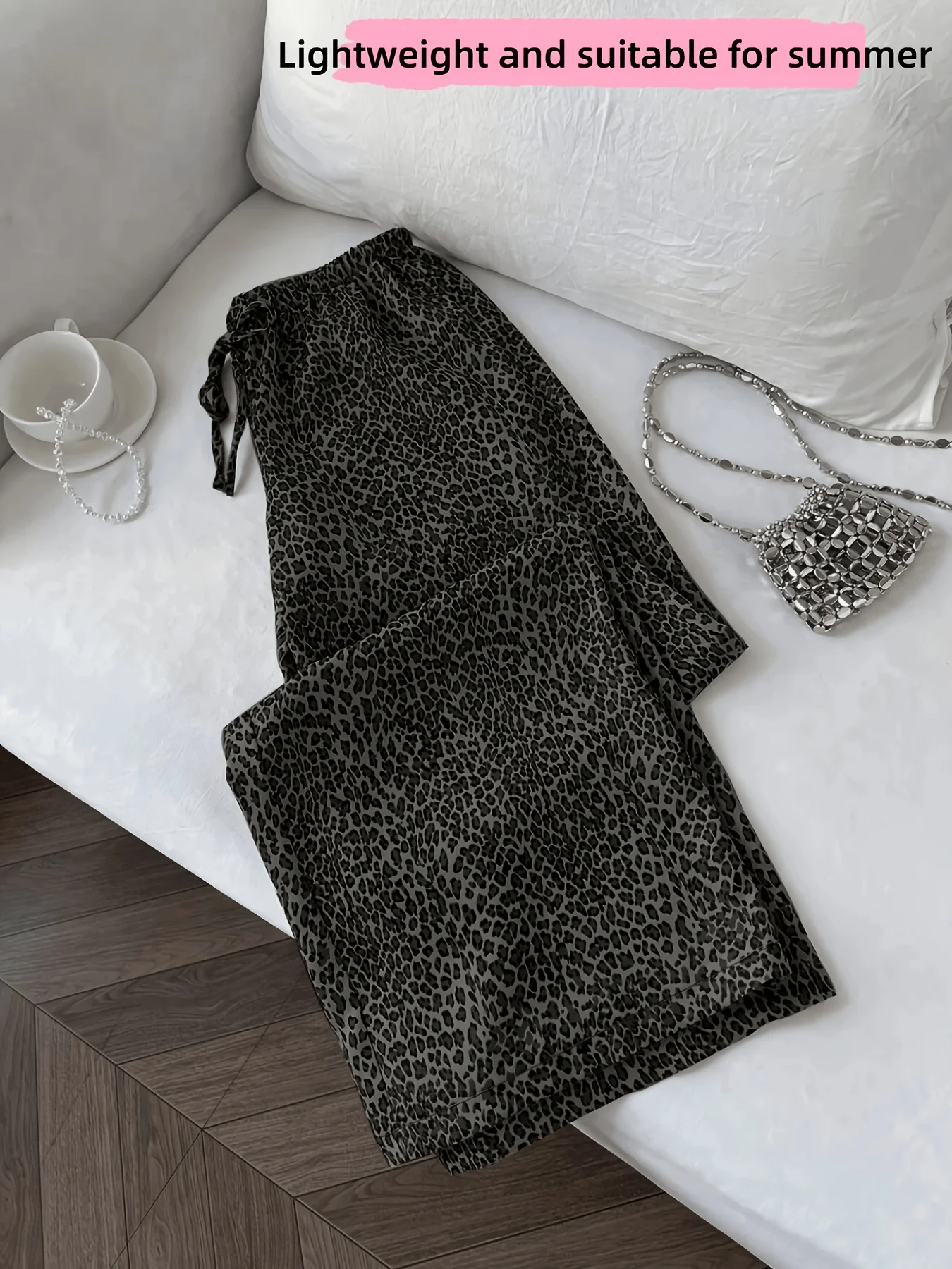 Summer Lightweight Leopard Print Wide Leg Pants, Elastic High Waist Loose Figure-Flattering Women Straight Trousers