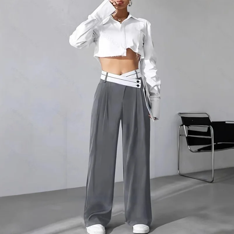 High Waist Wide Leg Pants for Women Elegant Color Block Cross Waist Trousers Spring Summer Womens Pants