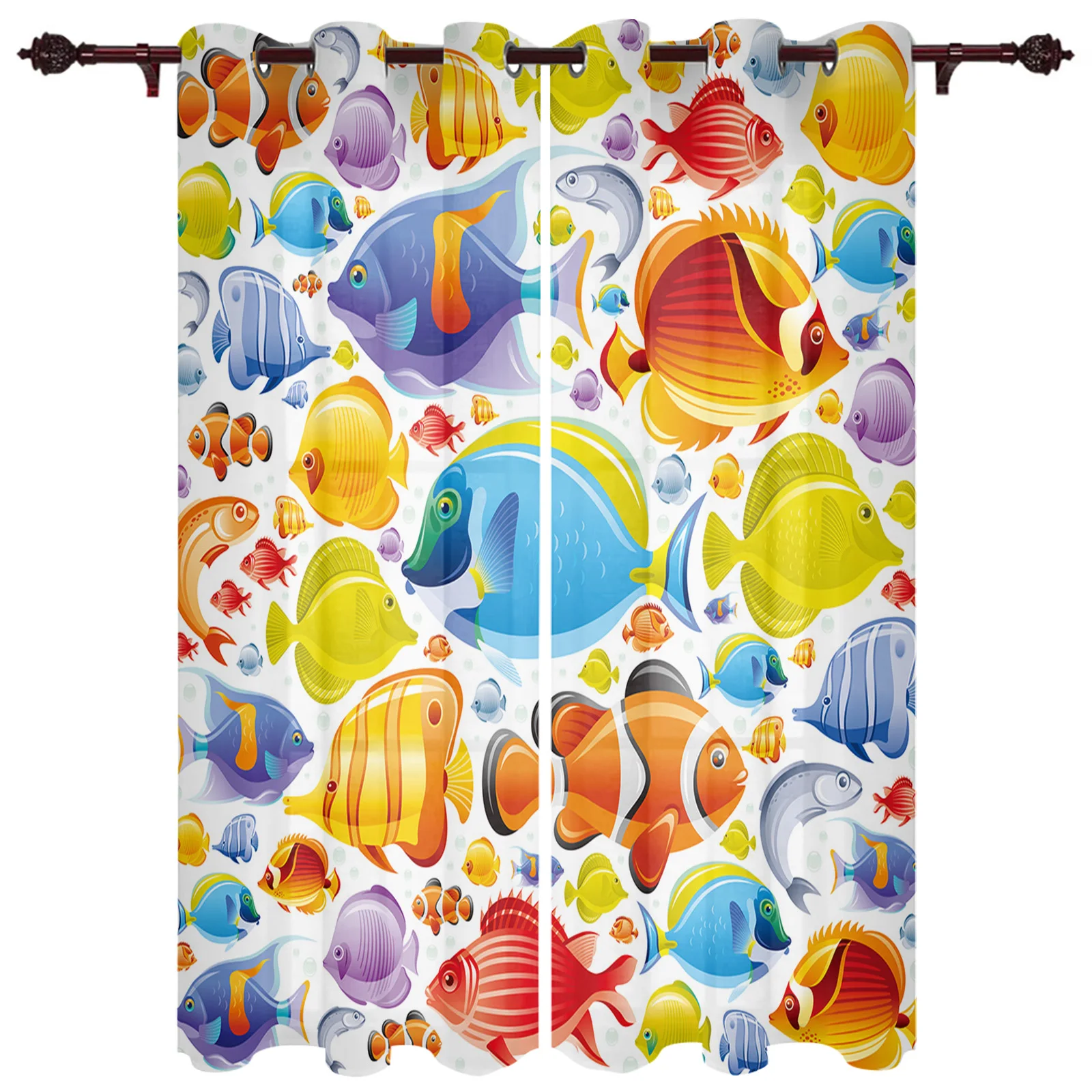 

School Of Colorful Fish In Ocean Window Curtains Kitchen Bedroom Fabric Drapes Curtain Home Draperies Curtains for Living Room