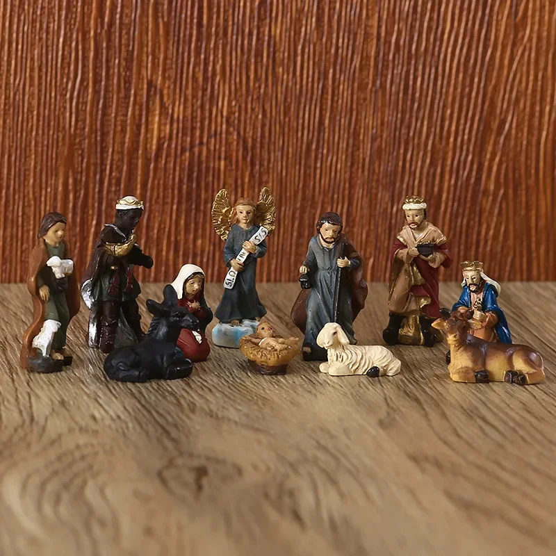 11Pcs/set 3cm Manger Set Religious Decoration Mini Ornaments Holy Child Nativity Resin Crafts