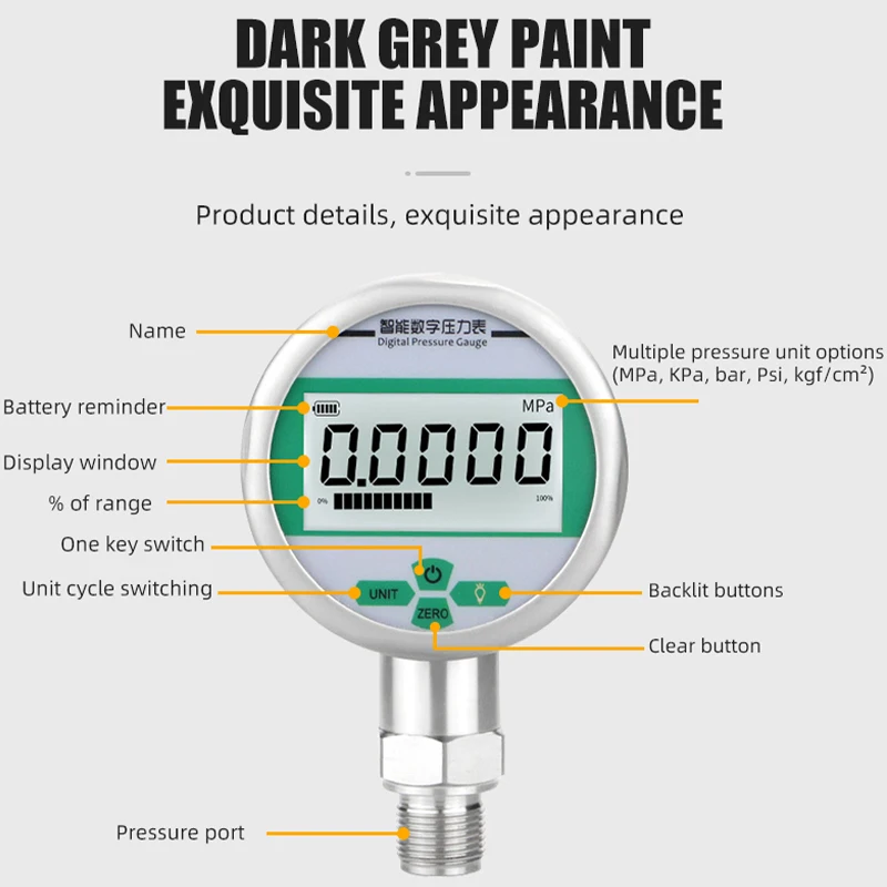 MAIRUIKESI High quality digital Pressure gauges manometer 80mm 0.5%FS 4-digit display 0-100mpa 5-unit mpa,kpa,psi,bar,kg/cm2