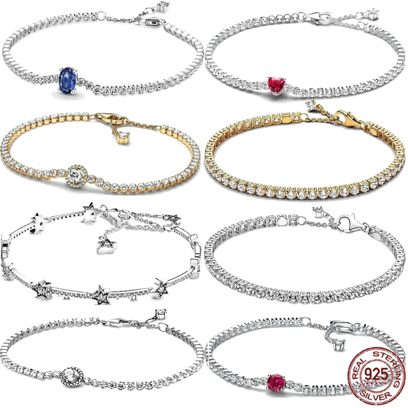 Classic 925 Sterling Silver Women's Charming Round shape Star Tennis Bracelet fits design Original Beaded DIY New Year Gift