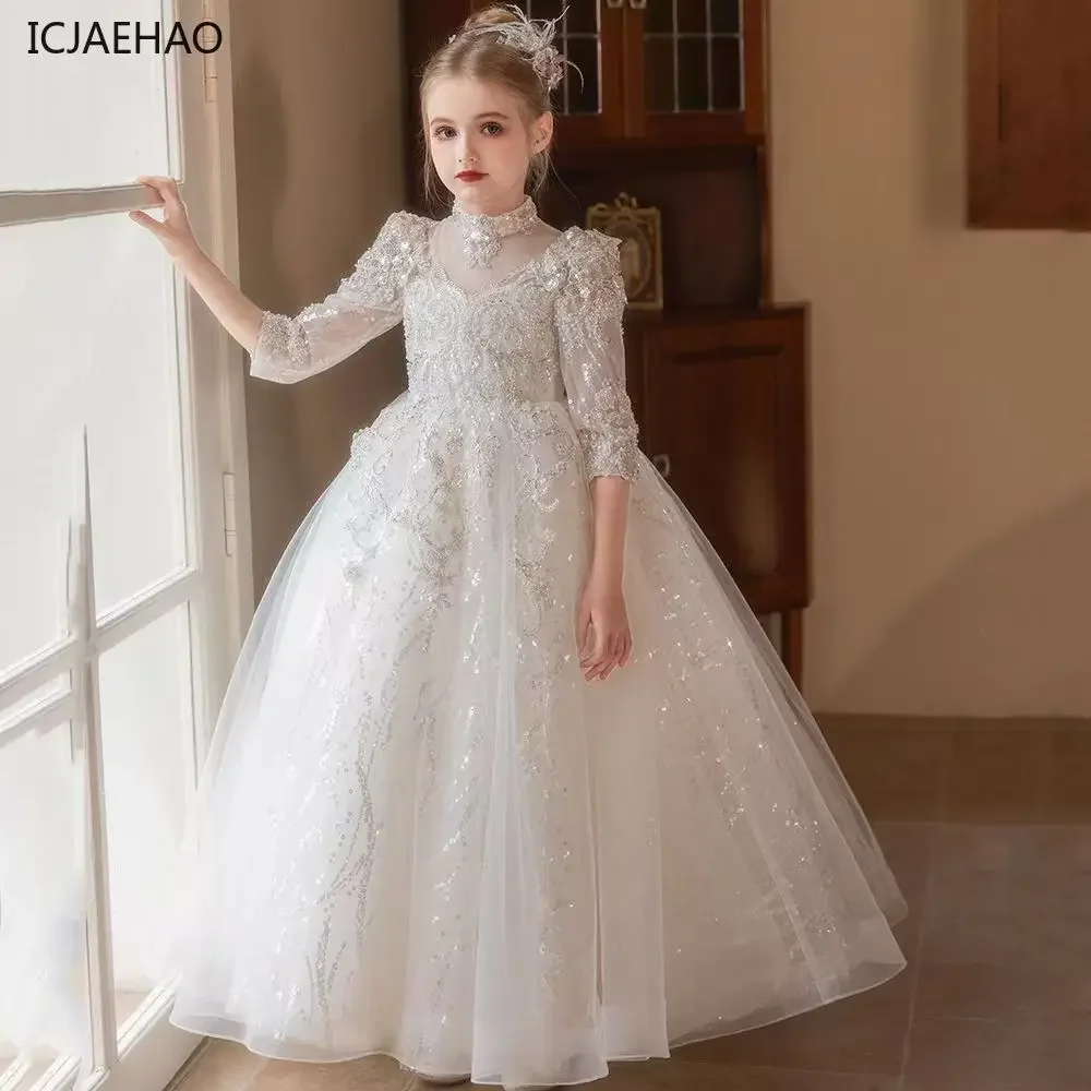 White Flower Girl Dress Glitter Sparkly Lovely Bead Floral Appqulies Princess Holy Communion Ball Gown Birthday Party Dresses