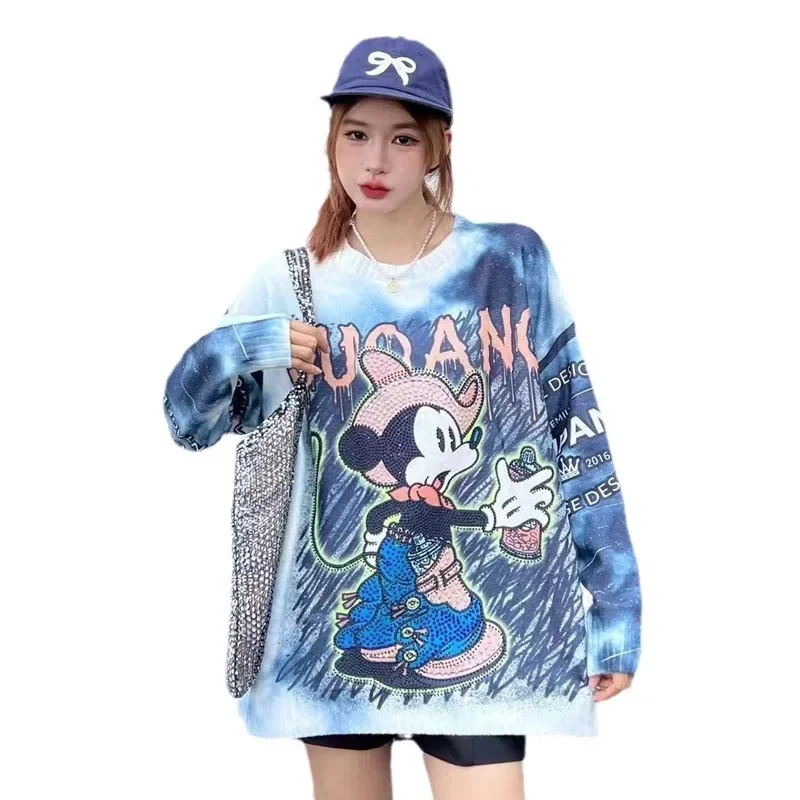 Heavy Industry Hot Diamond Tide Brand Autumn Oversized Knitted Sweater Women\'s Cartoon Printing Faux Mink Hair Top Autumn Winter