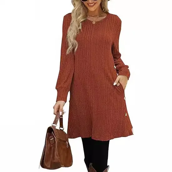 

Elegant Mid-Length A-Line Dress with Long Sleeves round Neckline for Women in Summer Fashion Trendy Polyester Fiber Dress