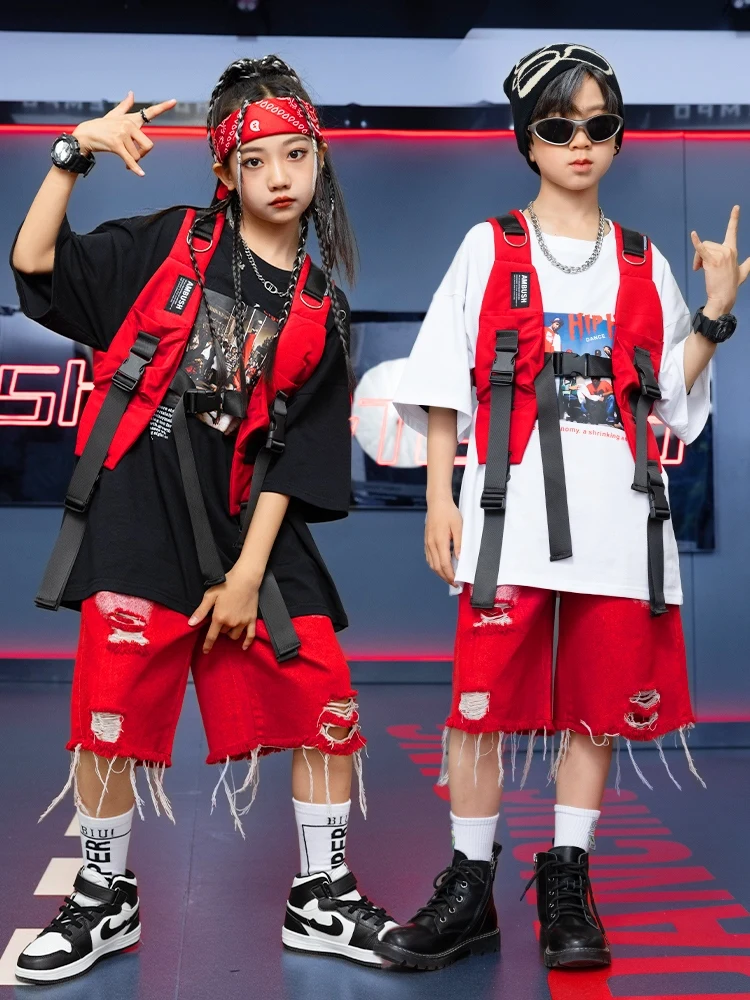 2024 New Red Vest Hiphop Kpop Outfits For Girls Boys Jazz Dance Costumes Streetwear Ballroom Hip Hop Dance Stage Clothes DN18194