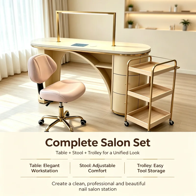 Wholesale Manicure Table With Dust Collector Oval Cream Desk Gold Trim Cylinder Drawers Nail Salon Table Chair LED Lamp OEM