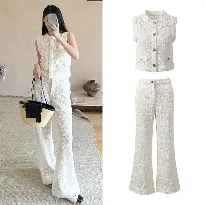 

2026 Summer Lady Fine Workmanship Crochet Flower Solid Casual Suit O-neck Sleeveless Cardigan Flared Pants Women Knits 2pcs