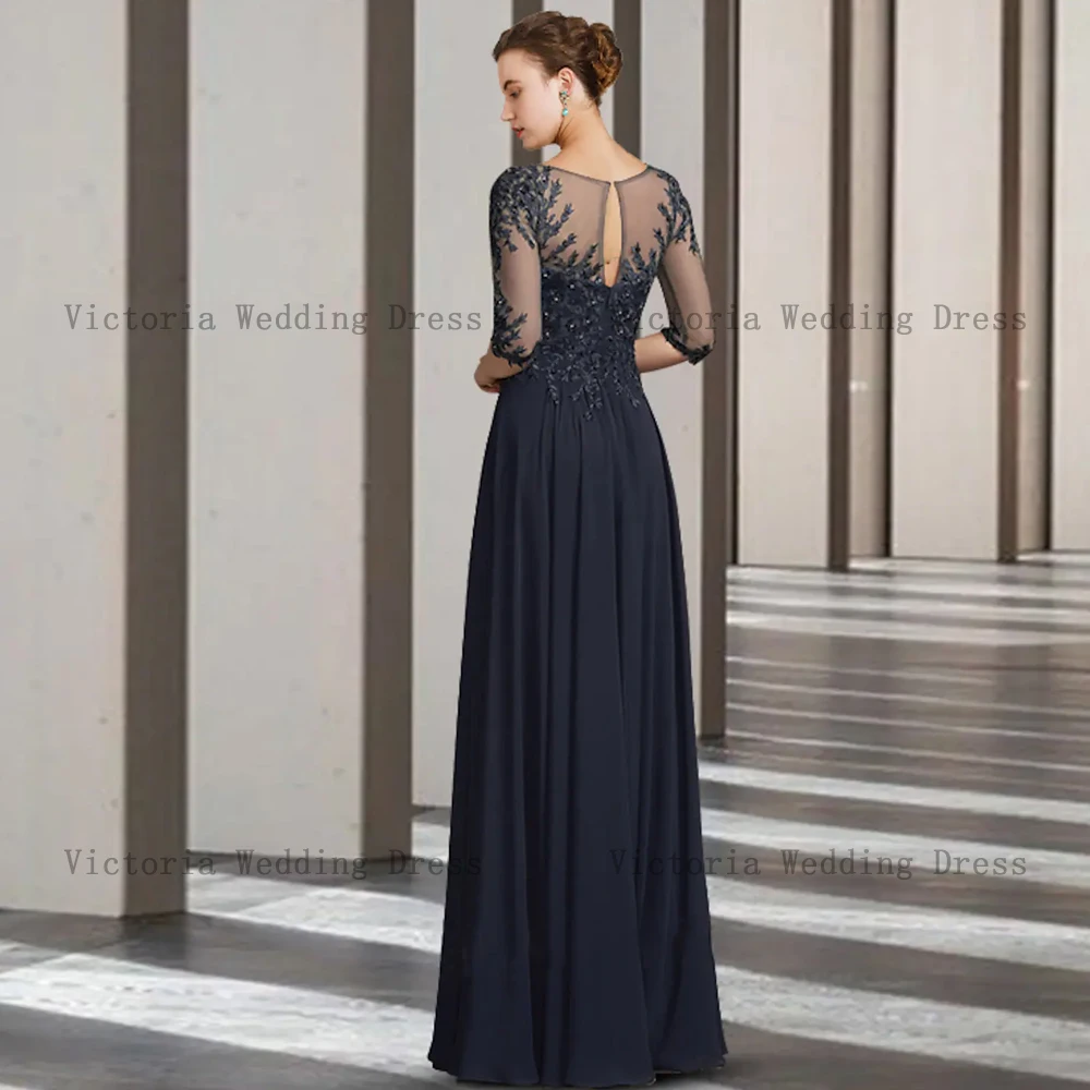 Elegant Dark Navy ชุดเจ้าสาว O คอ3/4แขนชุดแต่งงาน Applique ความยาวชั้น A-Line فساتين السهرة