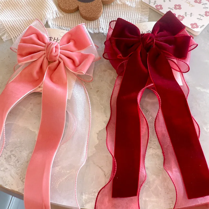 

Sweet Red Velvet & Tulle Polka Dot Bow Hair Clip with Flowing Ribbon Tail Lovely Princess Top Hairpin for Girls Birthday Party