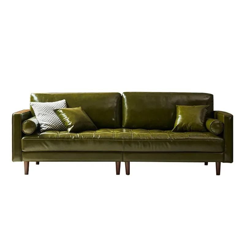 

Leather sofa small apartment first layer cowhide living room straight row three people American retro medieval
