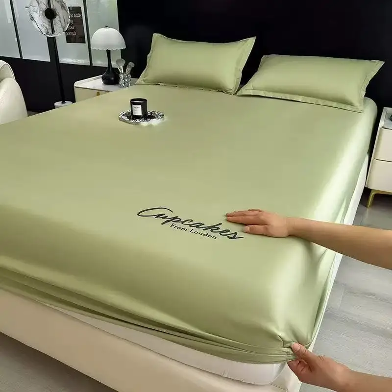 

Ice silk bed sheet three piece set with letter embroidery mattress protective cover suitable for sleeping naked on bed sheets