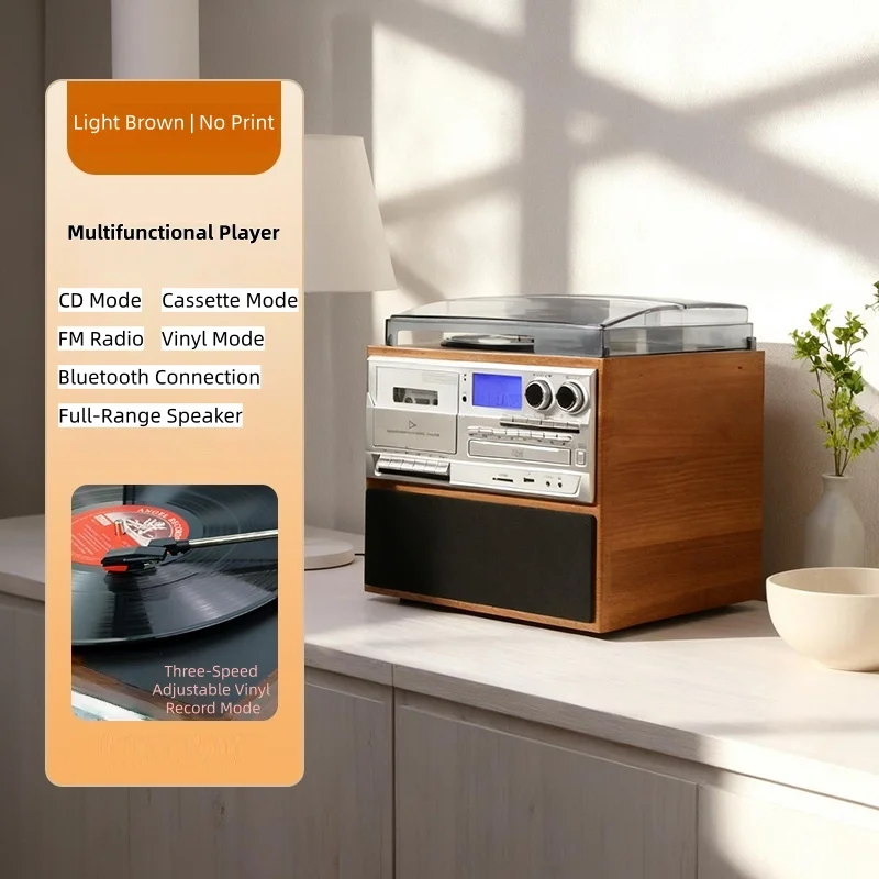 Wooden Retro Vintage All-in-One Gramophone, LP Turntable, BT Vinyl & CD Player Recorder