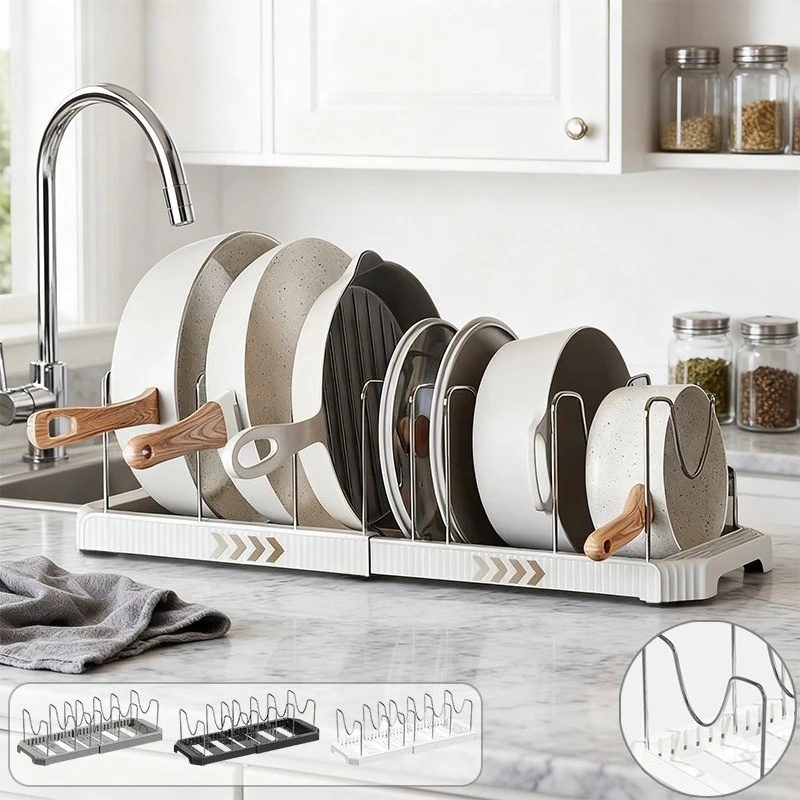 

New Kitchen Retractable Storage Rack with 7 Adjustable Compartments Multi-functional Cabinet Bowl Pot Shelf Cuisine Accessoires