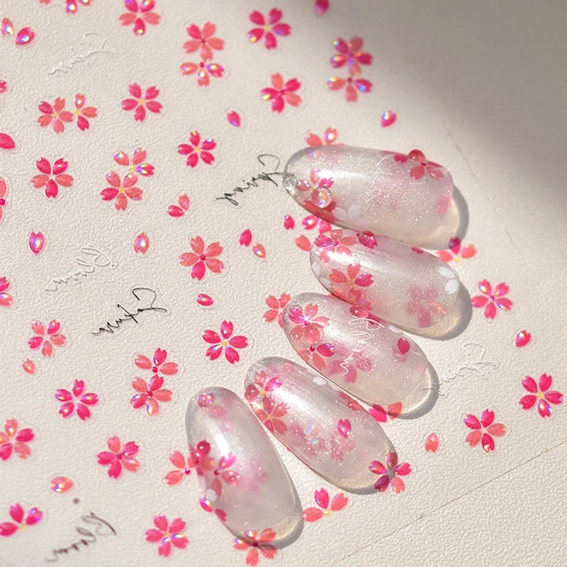 Jelly Red Cherry Blossom Nail Art Sticker Colored Daisy Flower Rhinestone Lily Peony Rose Camellia Jasmine Spring Manicure Decal