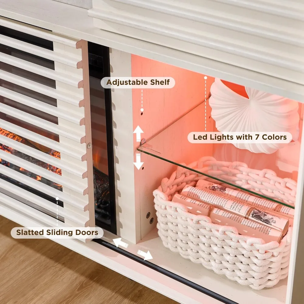 RedLemon Fireplace TV Stand for 80 Inch TV, Mid Century Modern Entertainment Center with 36 Electric Fireplace & Led Lights, Woo