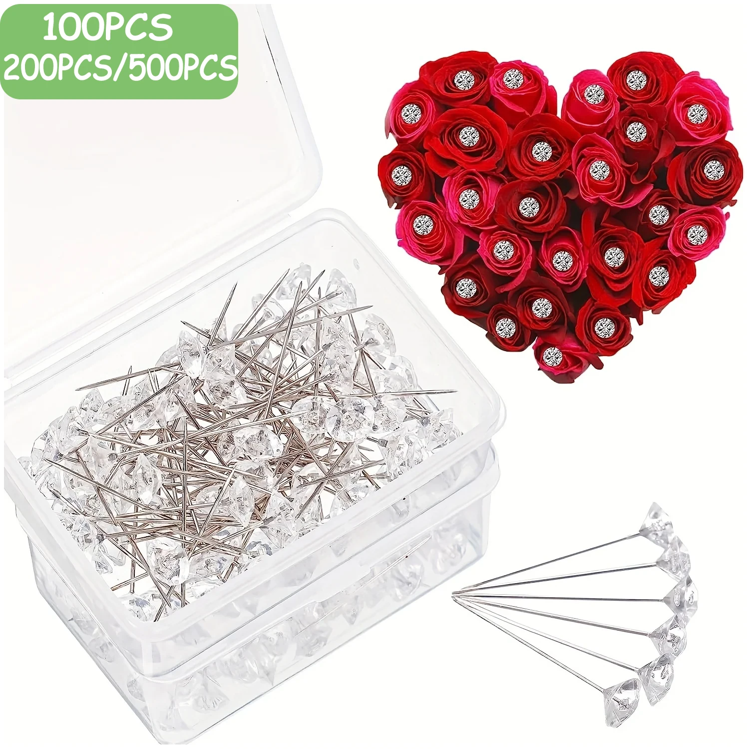100/500pcs Bouquet Pins Flower Pin Round Diamond Crystal Floral Pins Rhinestone Wedding Corsages Pins Diamond Head Straight Pin