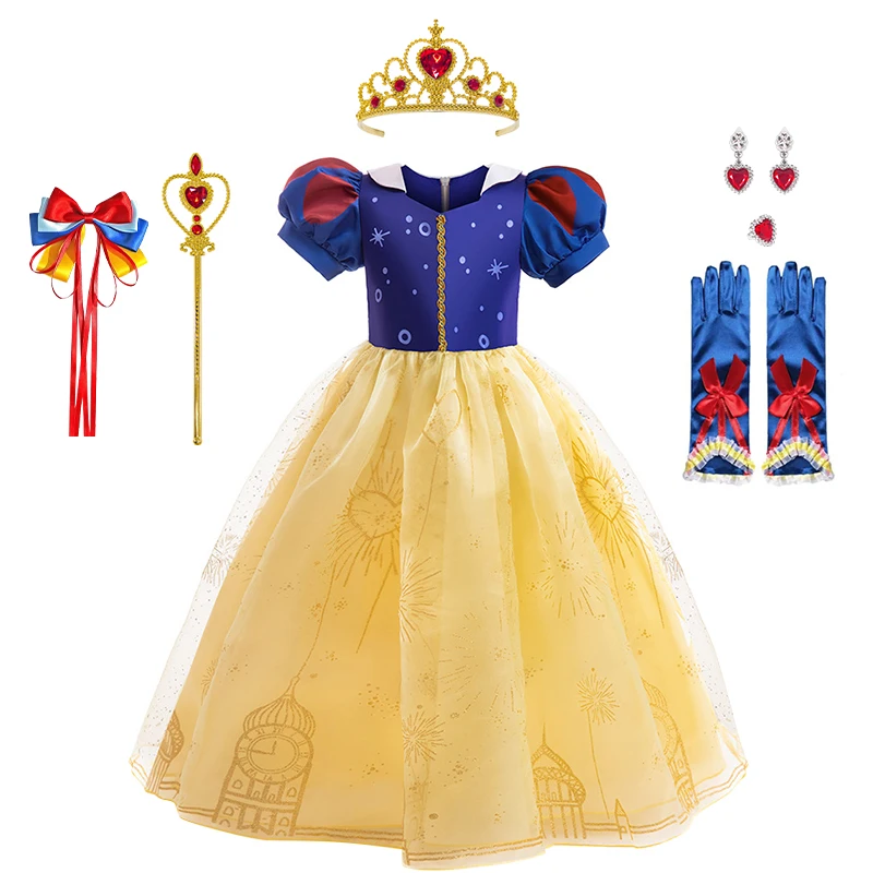 Snow White Cosplay Dress For Little Girls Carnival Party Puff Sleeves Princess Dress Children Dress And Crown Gloves Accessories