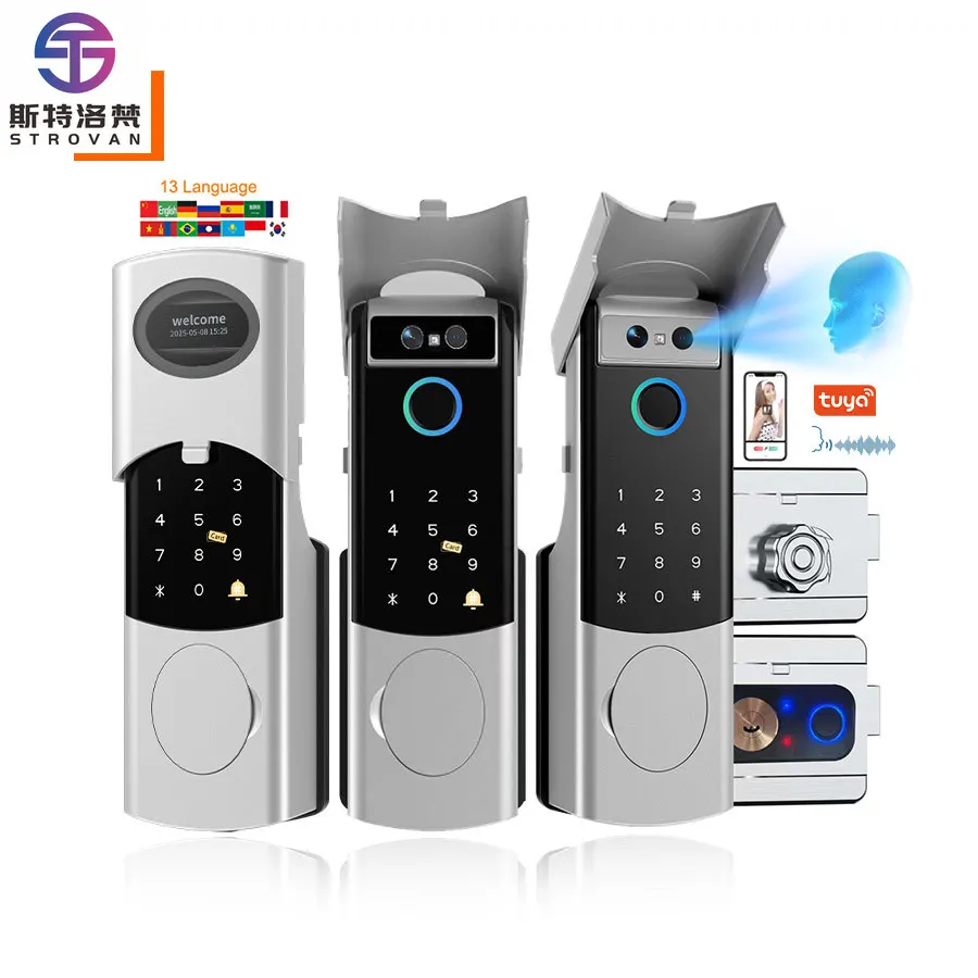 STLF Tuya WiFi Video Intercom Waterproof Face Recognition Fingerprint Door Lock Remote Smart Lock for Wood Door Cloud Storage