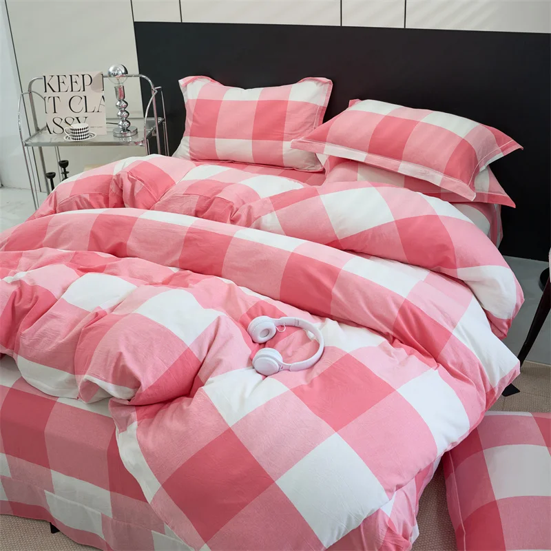 Pink Plaid Duvet Cover 3PC Cotton Geometric Buffalo Checker Bedding Set Teens Grid White Gingham Pattern College Comforter Cover