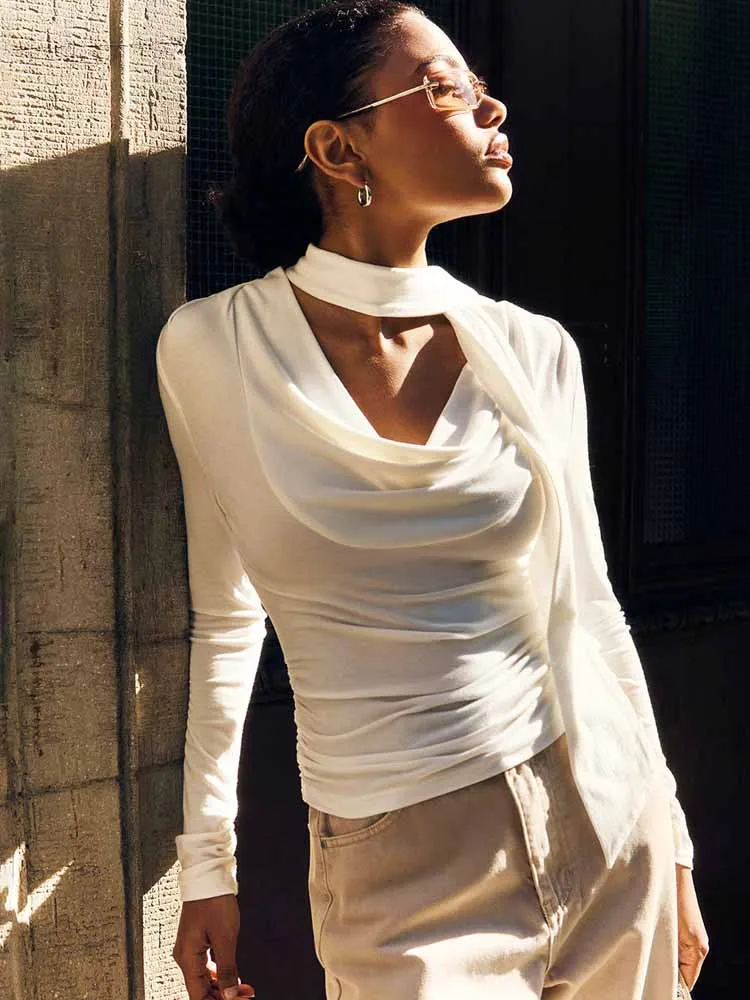MCDV-Camiseta de manga larga con cuello oscilante para mujer, elegante bufanda lisa con cinta, Top fruncido ajustado, camisetas básicas de calle para otoño 2025