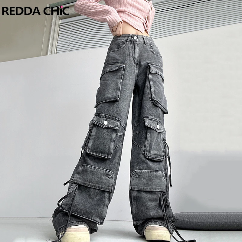 

ReddaChic Retro Gray Wide Leg Cargo Pants Women Big Size Distressed High Waist Strappy Multi-pocket Baggy Jeans Casual Work Wear