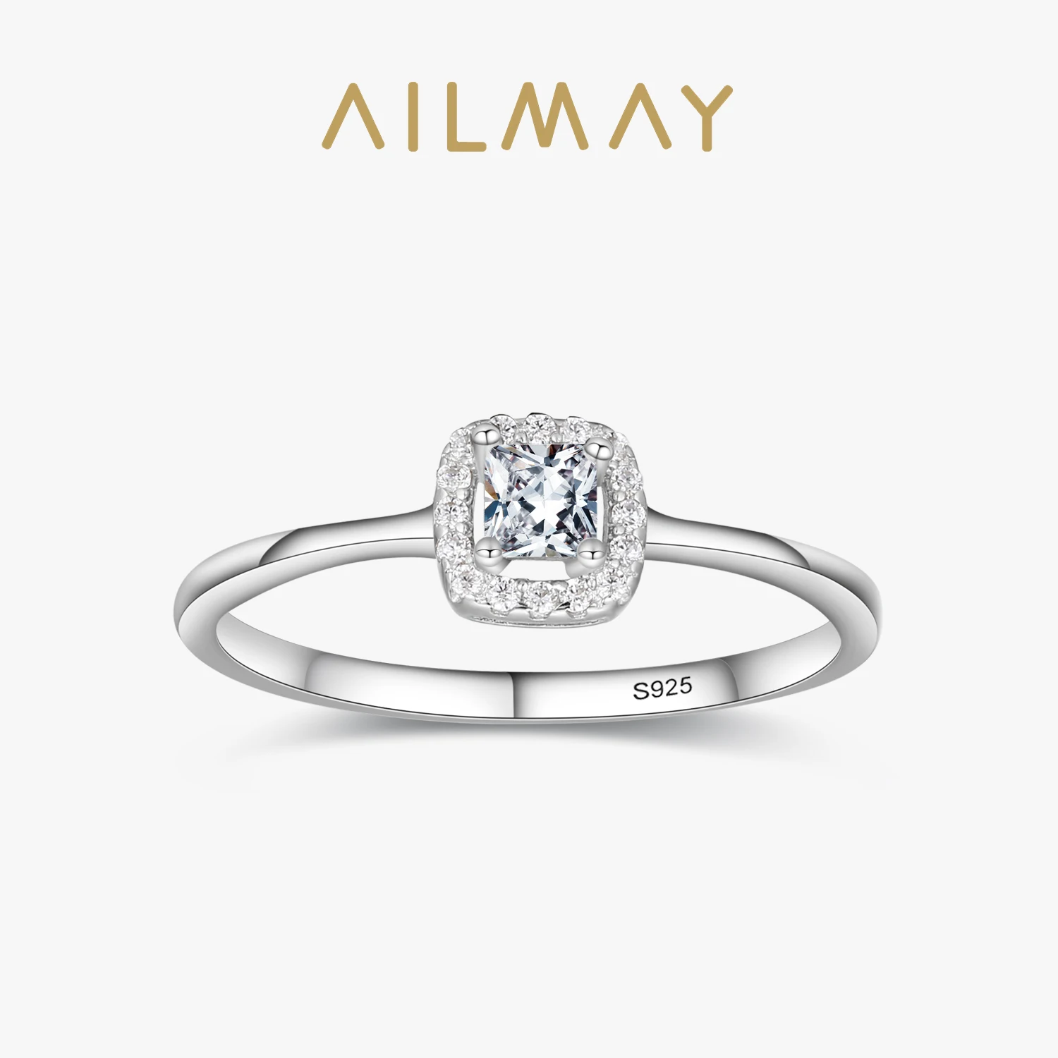 Ailmay 100% 925 Sterling Silver Fashionc Luxury Square Clear Zircon Rings For Women Wedding Statement Fine Silver Jewelry