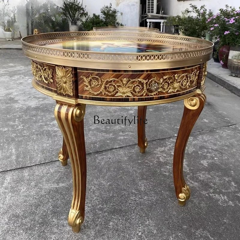 FG10*European luxury gold foil painted round table French court solid wood carving pure copper villa living room corner table