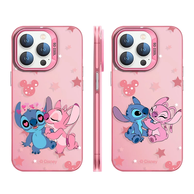 Case for iPhone 15 11 14 13 Pro Max 12 MINI XR X XS Plus Creative Colored Silver Pink Shell Disney Angel Stitch