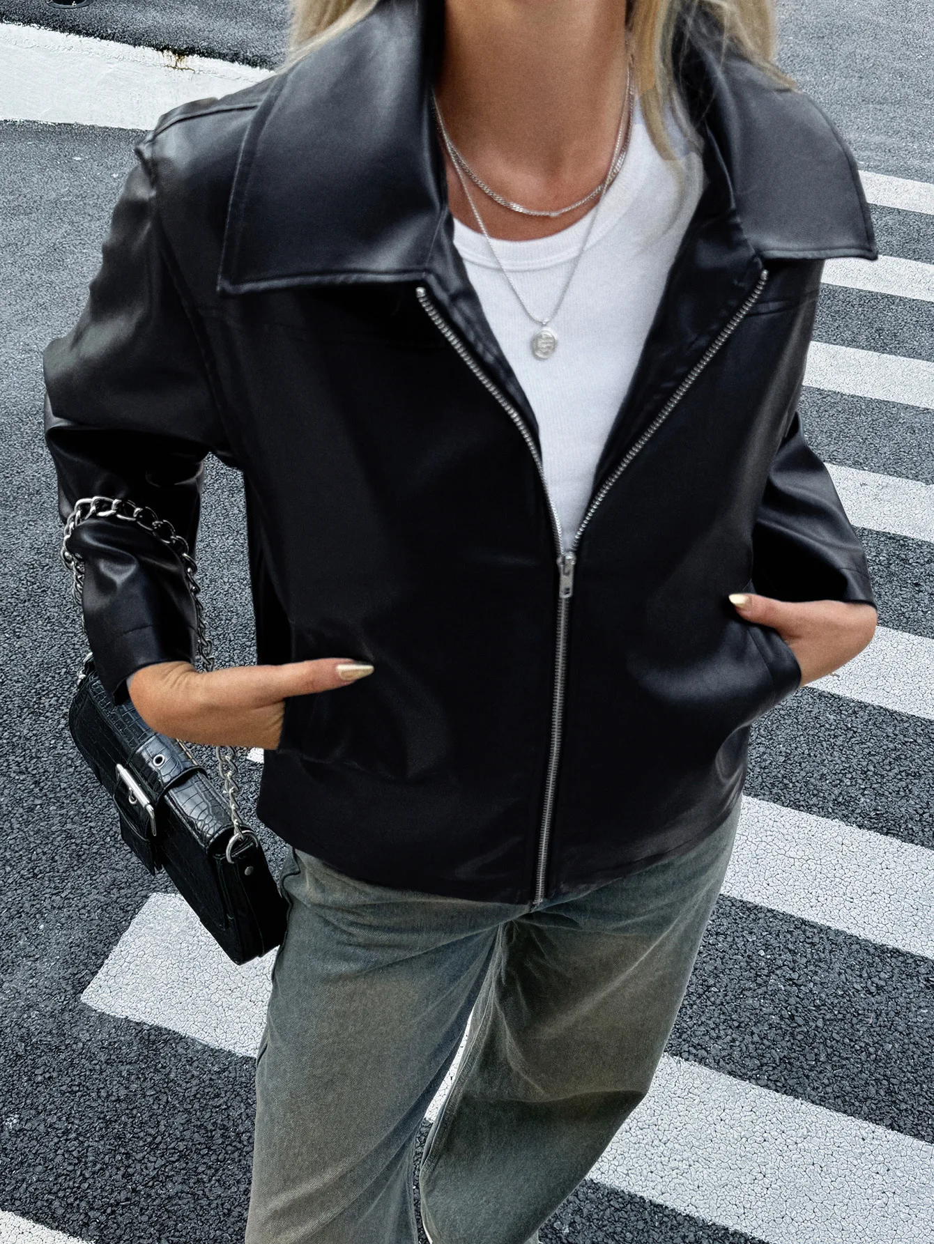 Nueva chaqueta de PU ajustada de Color sólido con cuello vuelto de manga larga informal a la moda Otoño/Invierno, 3 colores