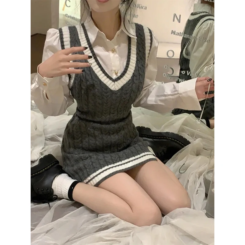 Striped Knitted Mini Dress Women Preppy V Neck Sleeveless Sweater Dresses Korean Kawaii Patchwork Sundress Bodycon Vestidos New