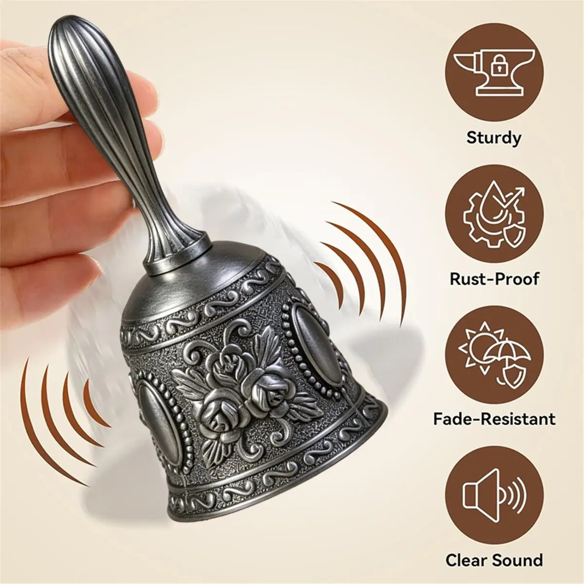 Antique Silver Hand Bell Loud Call Service Handbell for Weddings, Classrooms & More