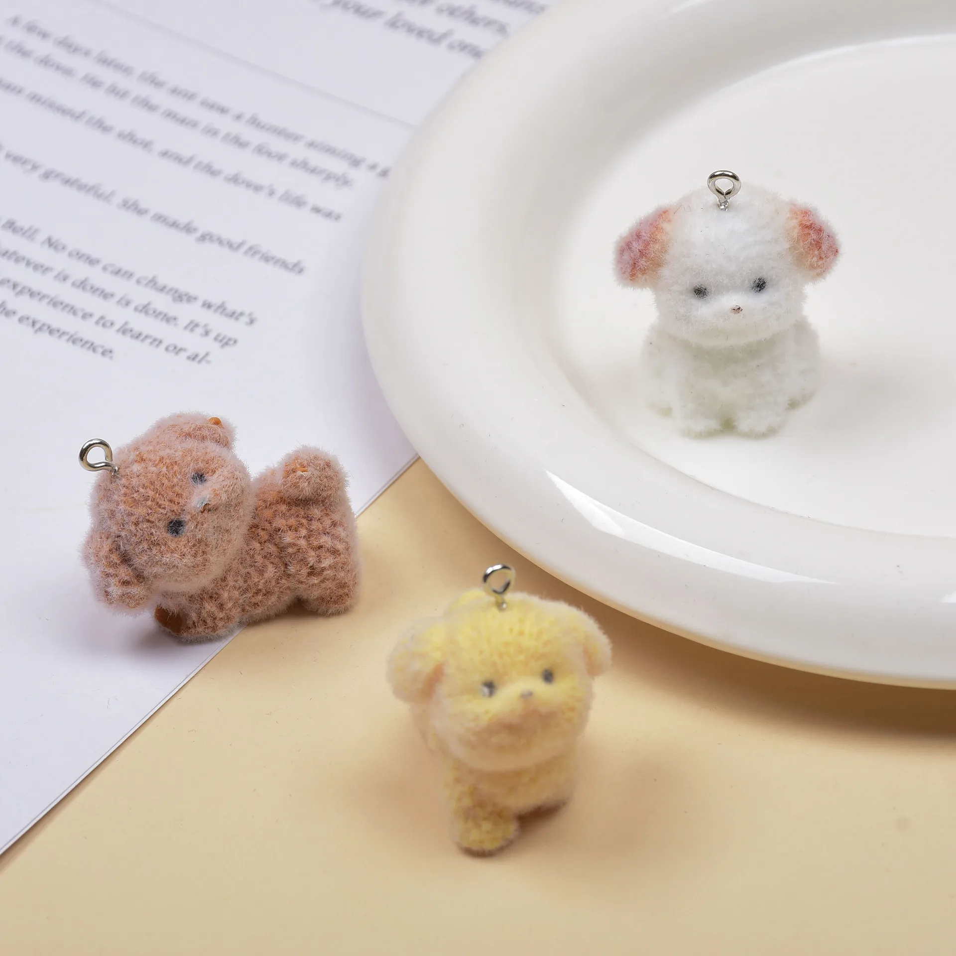 20PCS Fluffy Flocking Doll Charms Cute Cartoon Resin Dog Pendant For Mobile phone bag Keychains Diy Jewelry Make Accessories