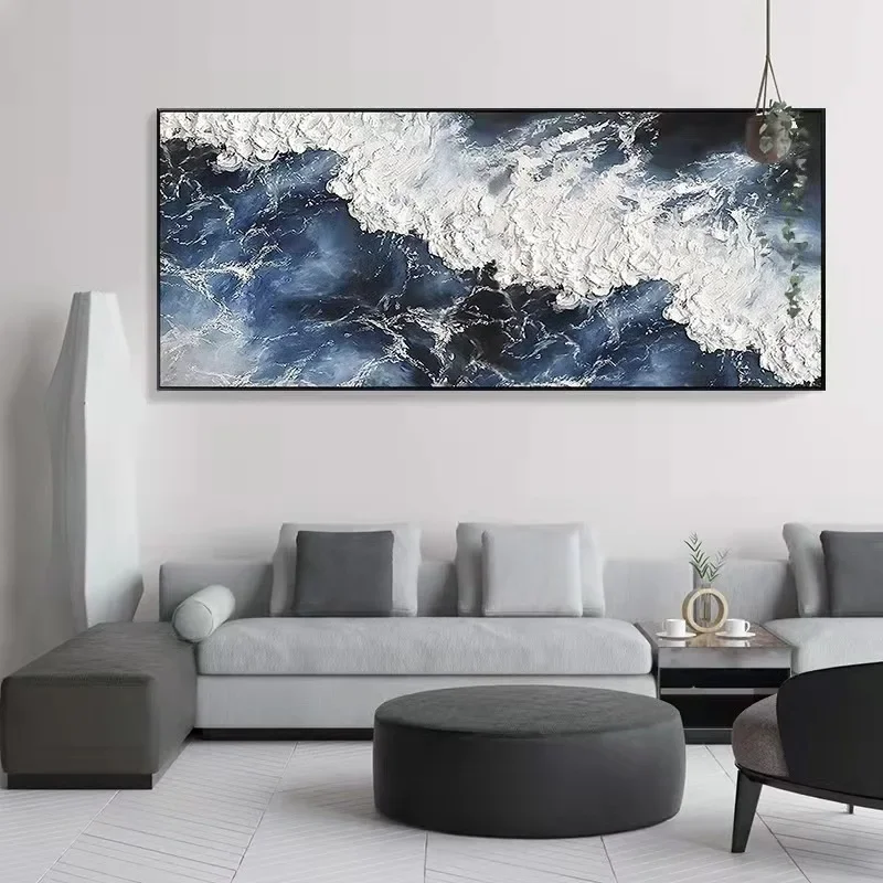 Imagem -02 - Handmade Grande Mar Paisagem Pintura da Lona Oceano Azul Wall Art Onda Branca Abstrata Texturizada Praia Decoração da Sala