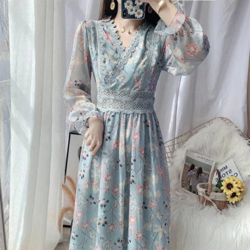 Autumn Fashion New Long Sleeved Lace Printed Chiffon Dress V-neck Waistband Patchwork Ruffles Shirring Slim Elegant Long Dresses
