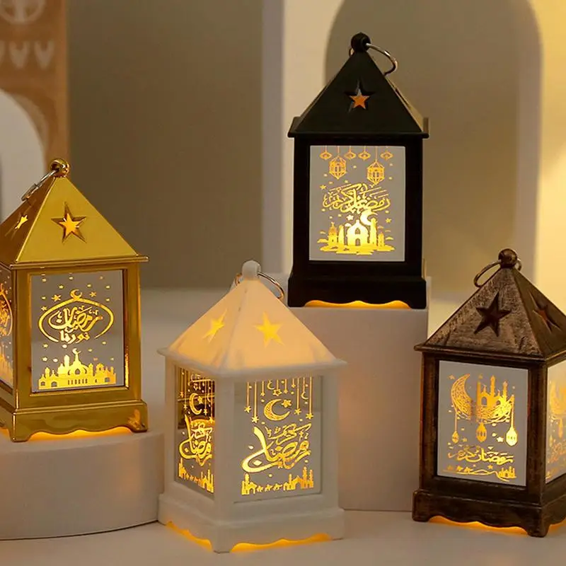 Gold Mini Castle Pattern Eid Lantern Led Moon Star Lights with Delicate Patterns Led Eid Lantern Batteries Included for Family