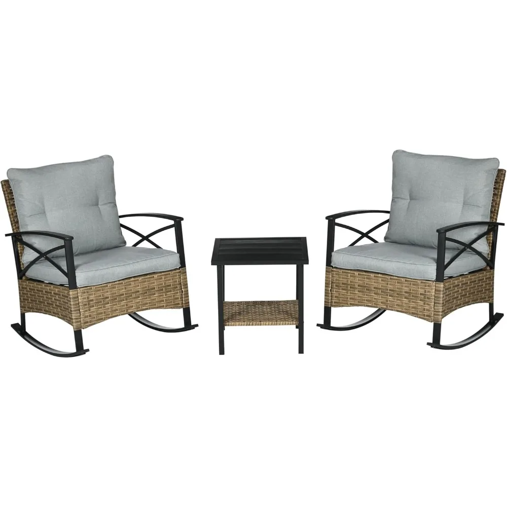 

3 Piece Patio Rocking Chair Set, Outdoor Wicker Bistro Set With 2 Cushioned Porch Rockers And 2 Tier Coffee Table For G