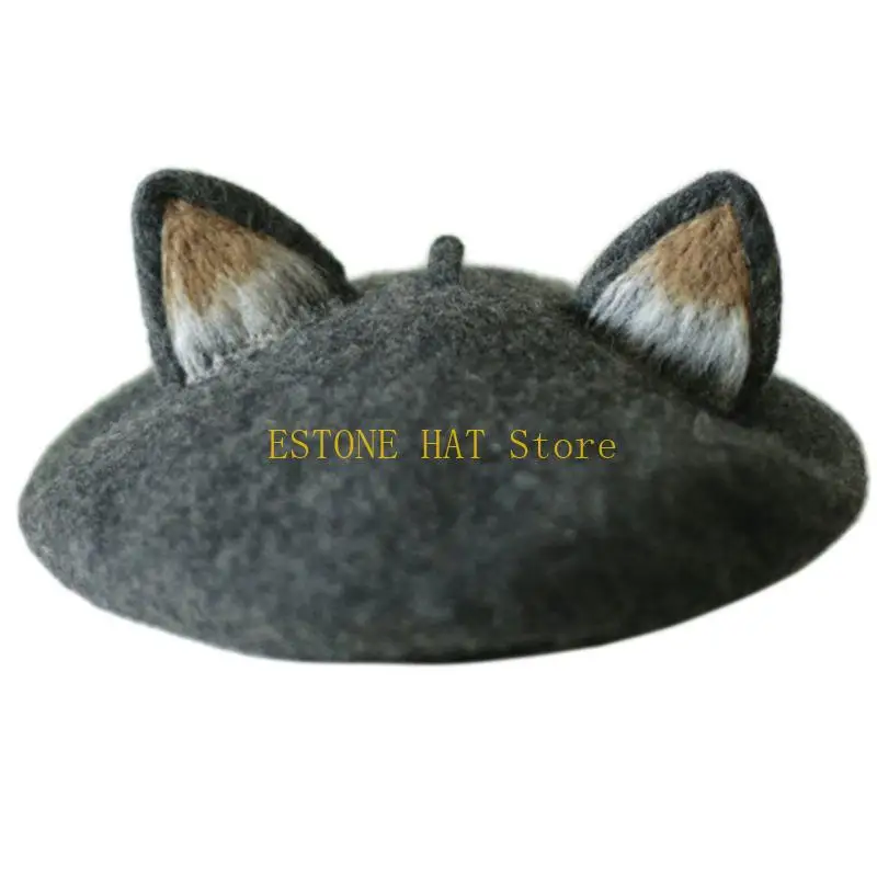 49MF 가을 겨울 프랑스 베레모 여성용 3D 고양이 귀 아티스트 만화 호박