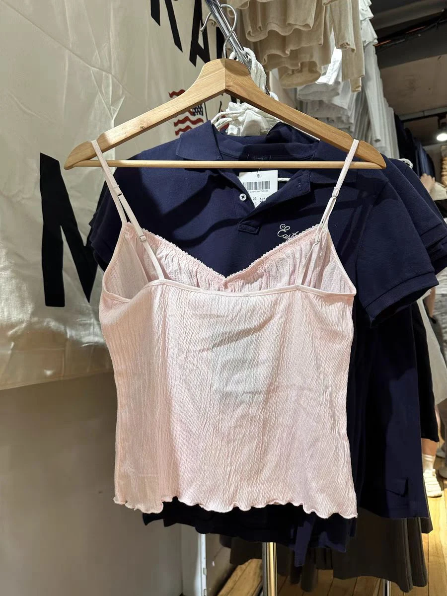 Slanke tanktop met veters en V-hals Dames Zomer Kanten rand Chique textuur Katoenen hemdje Roze Zoet Schattig Preppy stijl Crop Tops Y2k