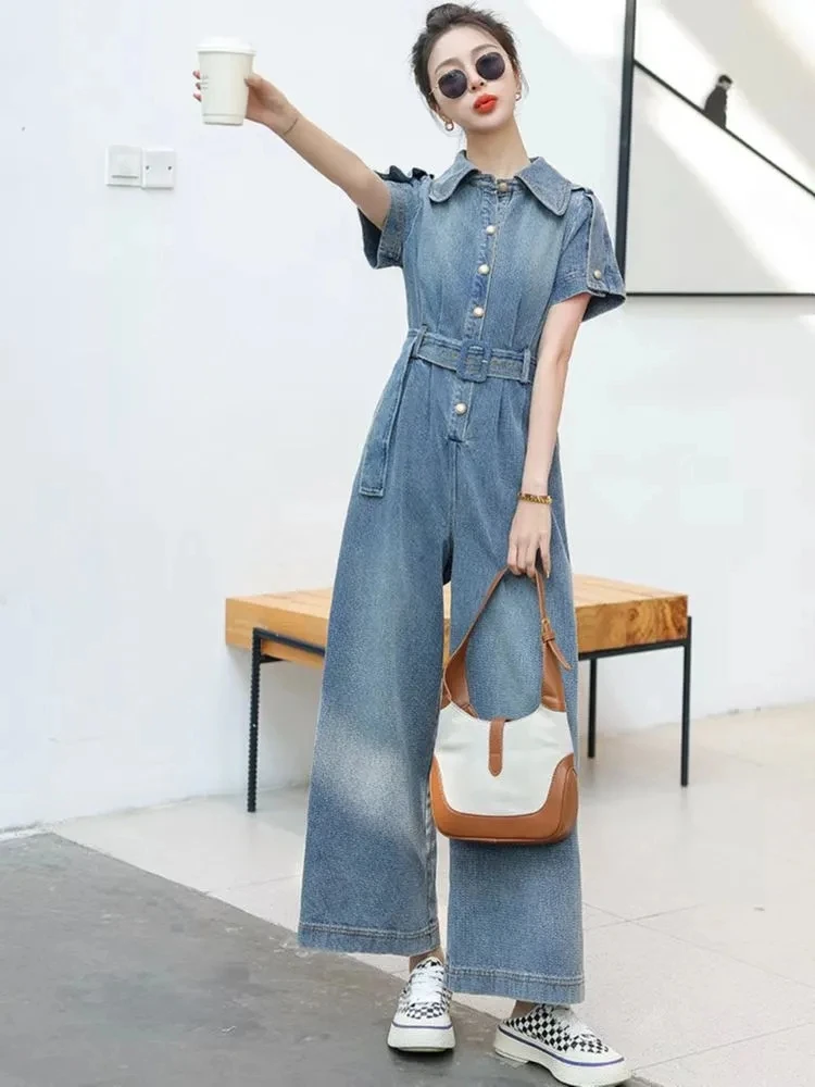 

Women's Vintage Short Sleeve Denim Jumpsuit Summer Slim Fit Waist Long Jumpsuits Female Clothing Trend One Pieces Romper 2024