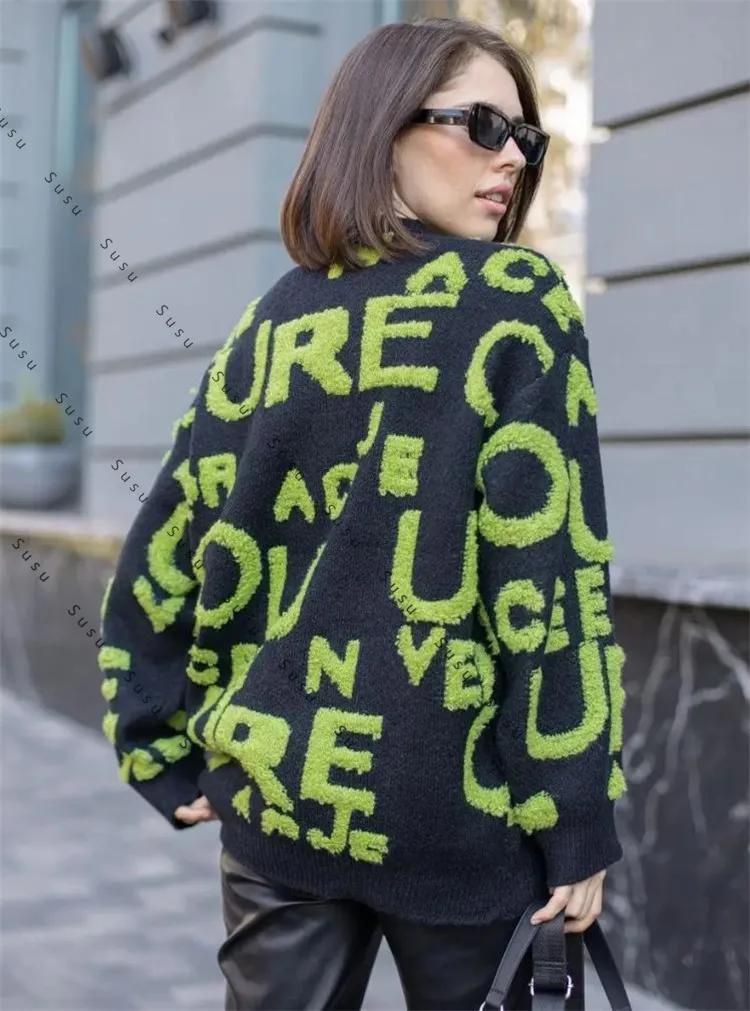 

Новый русский осенне-зимний вязаный свитер с круглым вырезом и длинными рукавами, женская куртка, утолщенный теплый свитер, повседневный свитер с надписью