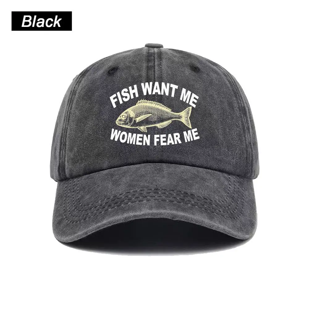 Vintage Washed Baseball Cap Women Want Me Fishes Fear Me Print Graphic Unisex Streetwear Casual Trucker Style Summer Cotton Hat