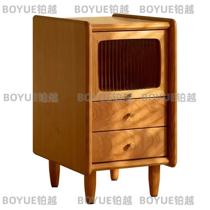 Cherry Wood Solid Bedside Table Ultra Narrow Small Nightstand Nordic Japanese Minimalist Slim Storage Locker for Bedroom