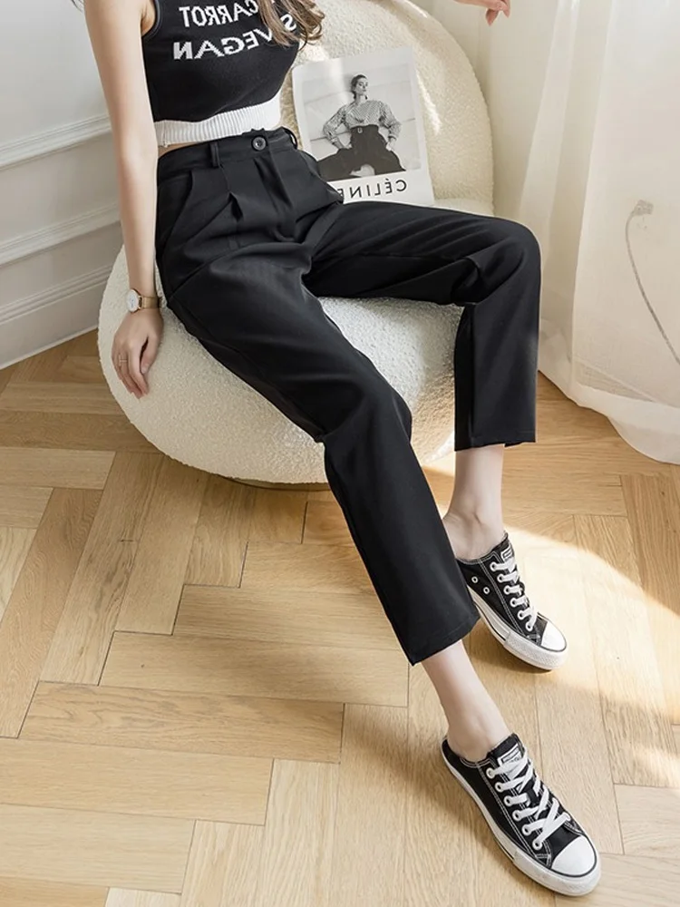 Damskie spodnie garniturowe z wysokim stanem, zwiewne, codzienne, wiosna-lato 2024, nowe, uniwersalne, wyszczuplające, o długości 7/8, proste, modne.