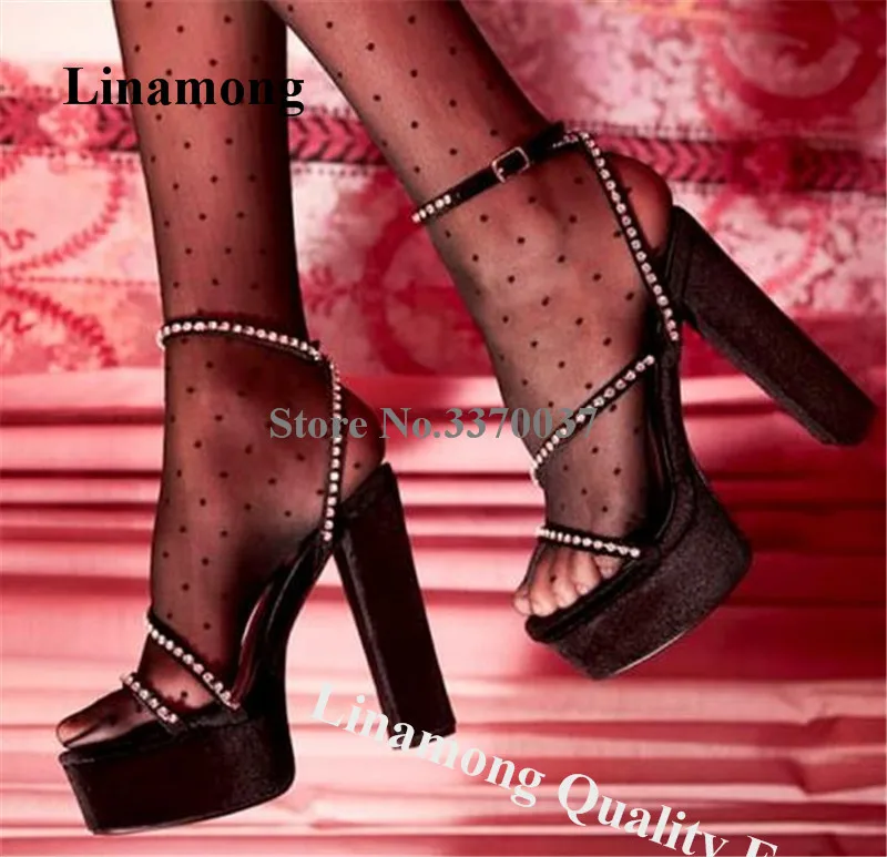 

Black Velvet Chunky Heel Sandals Linamong Elegant Open Toe Thin Rhinestones Straps High Platform Party Heels Wedding Silk Shoes