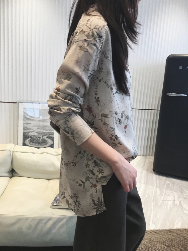 

Рубашка Cuijia из ультратонкого шелка с цифровым принтом, с длинными рукавами, V-образным вырезом, в повседневном стиле, из чистого хлопка, дышащая, модный женский топ