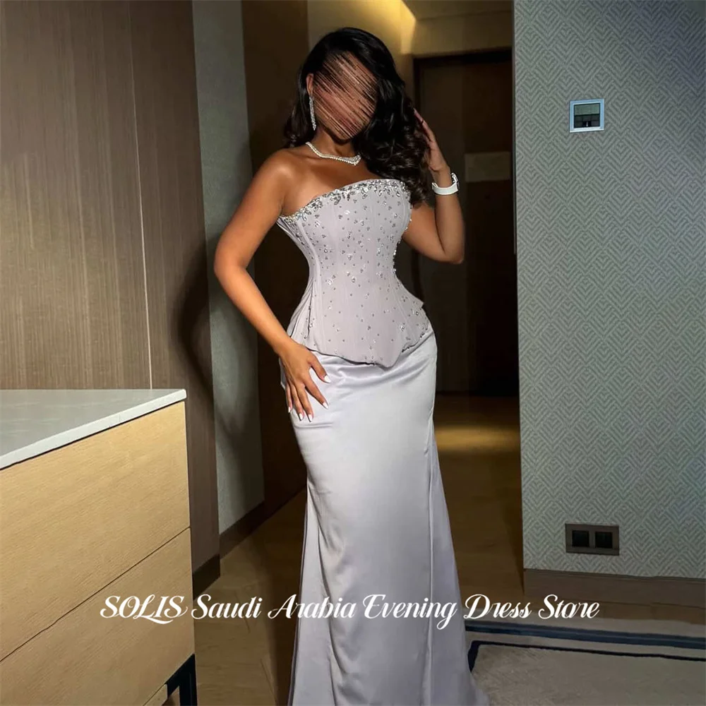 

SOLIS Light Grey Evening Dresses Strapless Party Dresses with Sequins vestidos de fiesta Trumpet Elegant Prom Gowns Customized