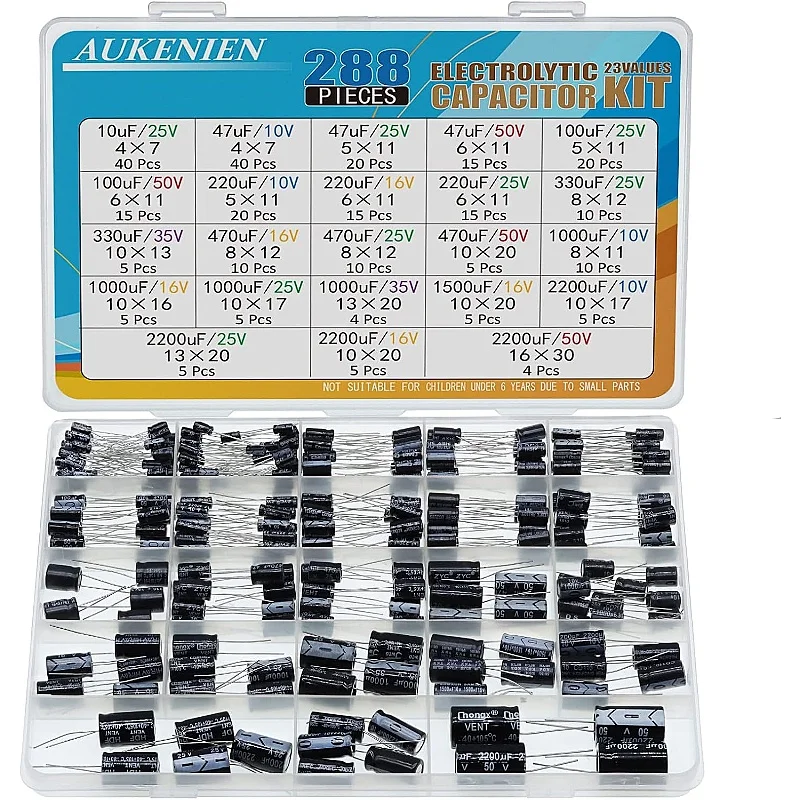 

AUKENIEN 23 Value 288PCS Electrolytic Capacitor Set from 10uF to 2200uF 10V 16V 25V 35V 50V Capacitors Aluminium Capacitor Kit